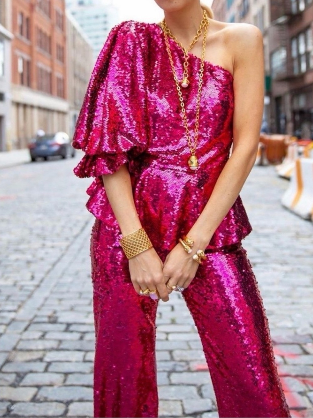 One-Shoulder Sequin Top and Pants in Fuchsia Pink